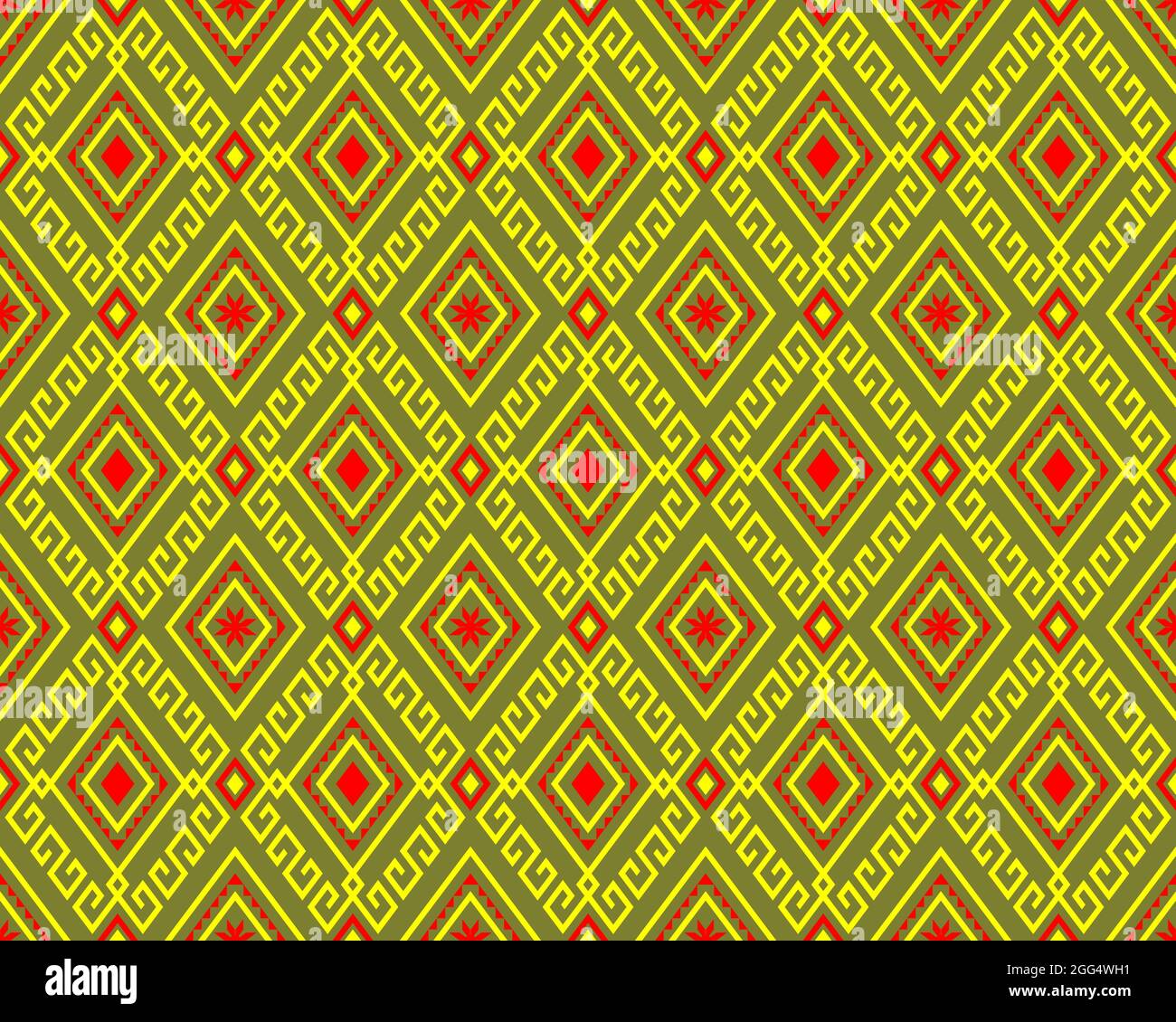 Giallo Trobe rosso o etnia senza giunture modello su sfondo verde in simmetria Rhombus geometrico stile bohemian per abbigliamento o abbigliamento, ricamo, tessuto Illustrazione Vettoriale