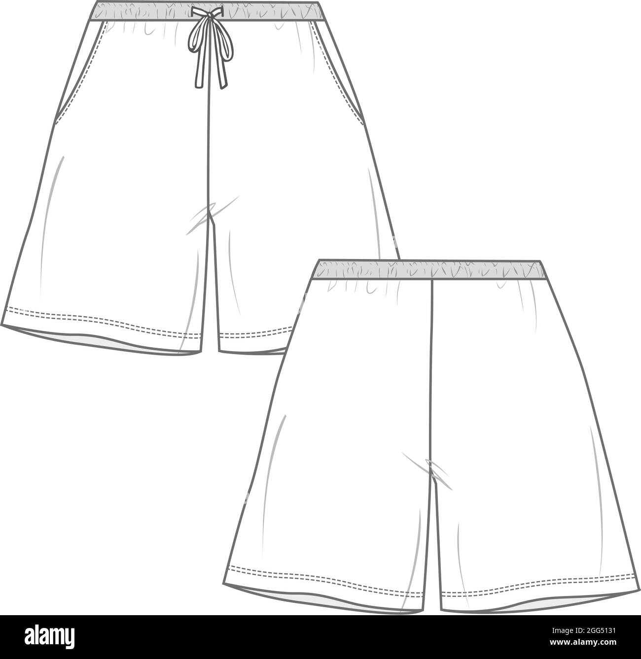 Donna Shorts moda Pant flat sketch vettoriale Illustrazione modello vista anteriore e posteriore. Disegno tecnico abito design corto pant mock up. Illustrazione Vettoriale