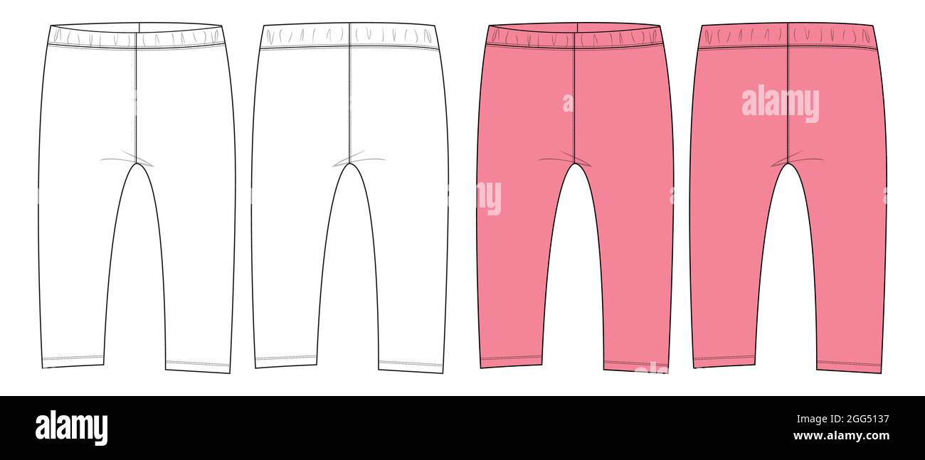 Pantaloni in tessuto di cotone per bambine. Vista frontale e posteriore del modello vettoriale di schizzo piatto Fashion tecnica generale. Impostare il bianco e il viola. Illustrazione Vettoriale