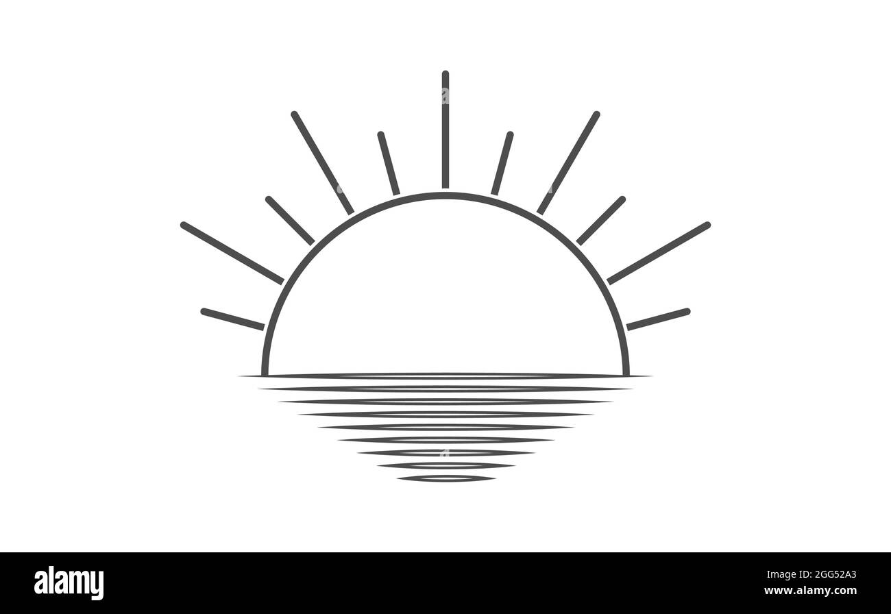 semplice icona del sole che sorge o tramonta sullo sfondo della superficie dell'acqua. Stile piatto. Illustrazione Vettoriale