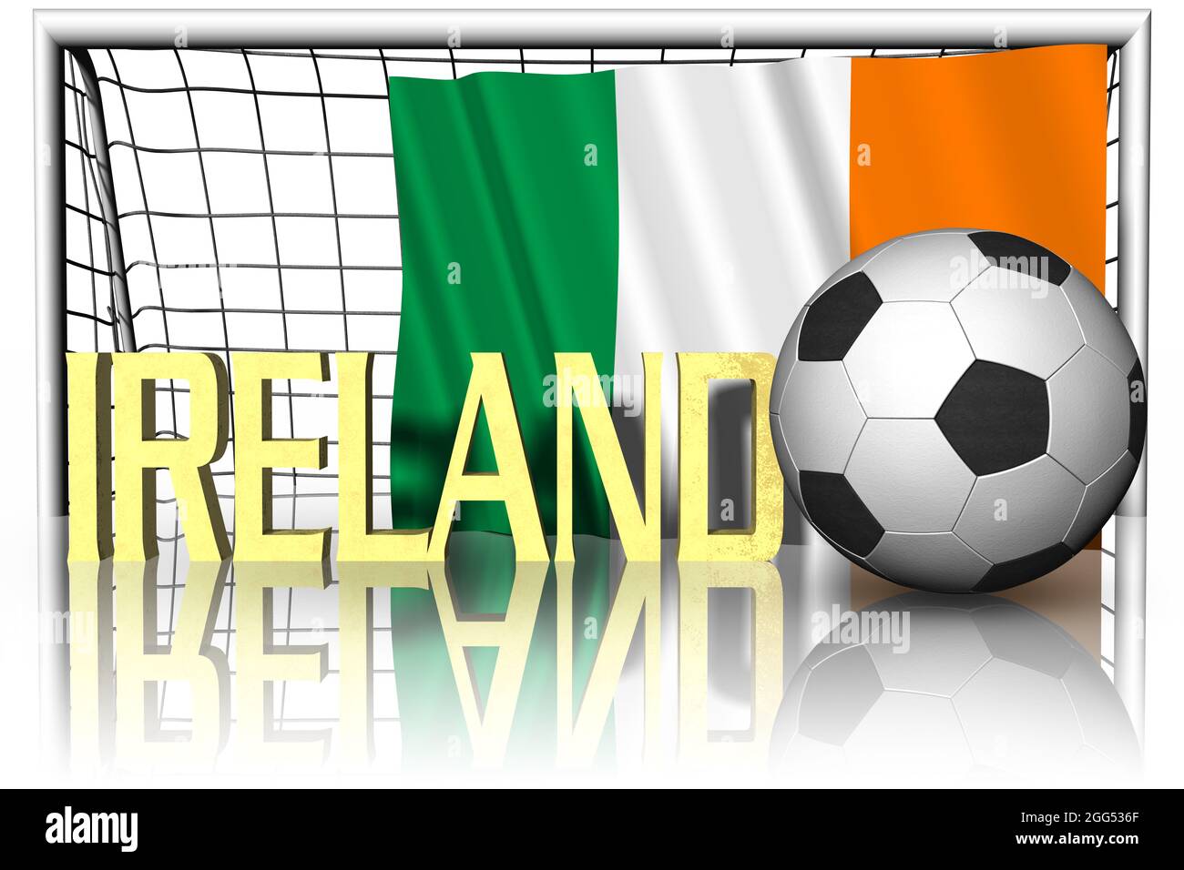 Irlanda. Bandiera nazionale con palla di calcio in primo piano. Sport football - Illustrazione 3D Foto Stock