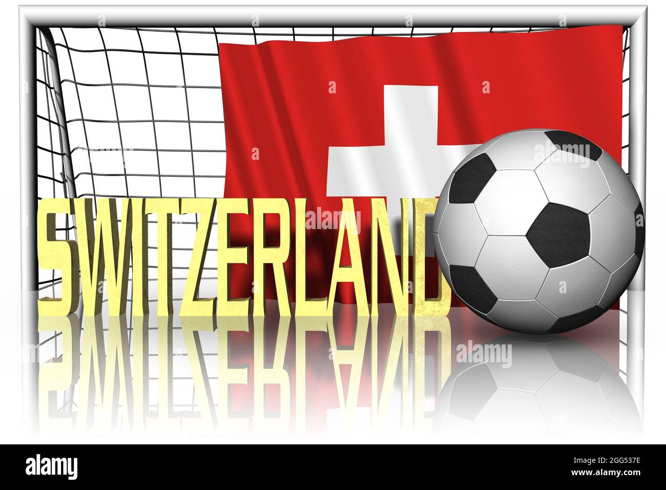 Svizzera. Bandiera nazionale con palla di calcio in primo piano. Sport football - Illustrazione 3D Foto Stock