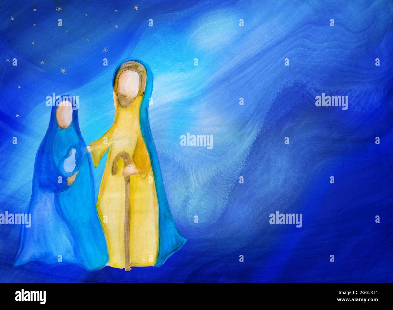 Presepio di Betlemme. Astratto acquerello illustrazione della scena di Natale che rappresenta la Santa famiglia con Giuseppe Maria e Gesù bambino. Stella blu Foto Stock