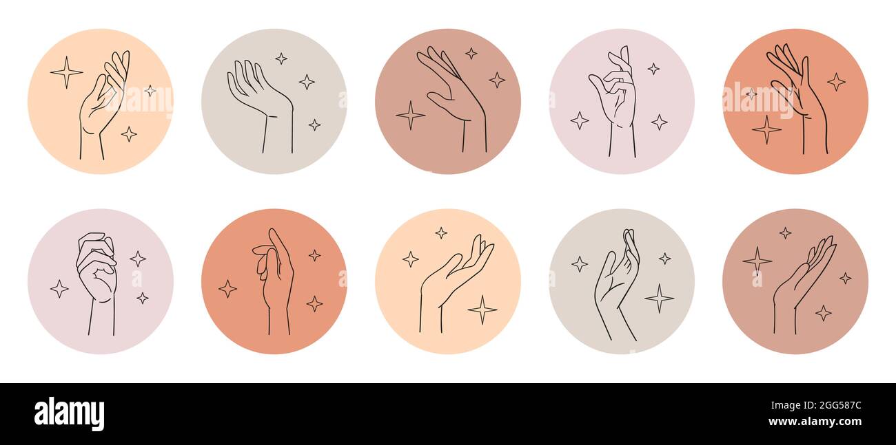 Diverse mani femminili in varie pose. Schizzo lineare del polso, icone delle mani in cerchi. Illustrazione vettoriale isolata su bianco. Illustrazione Vettoriale