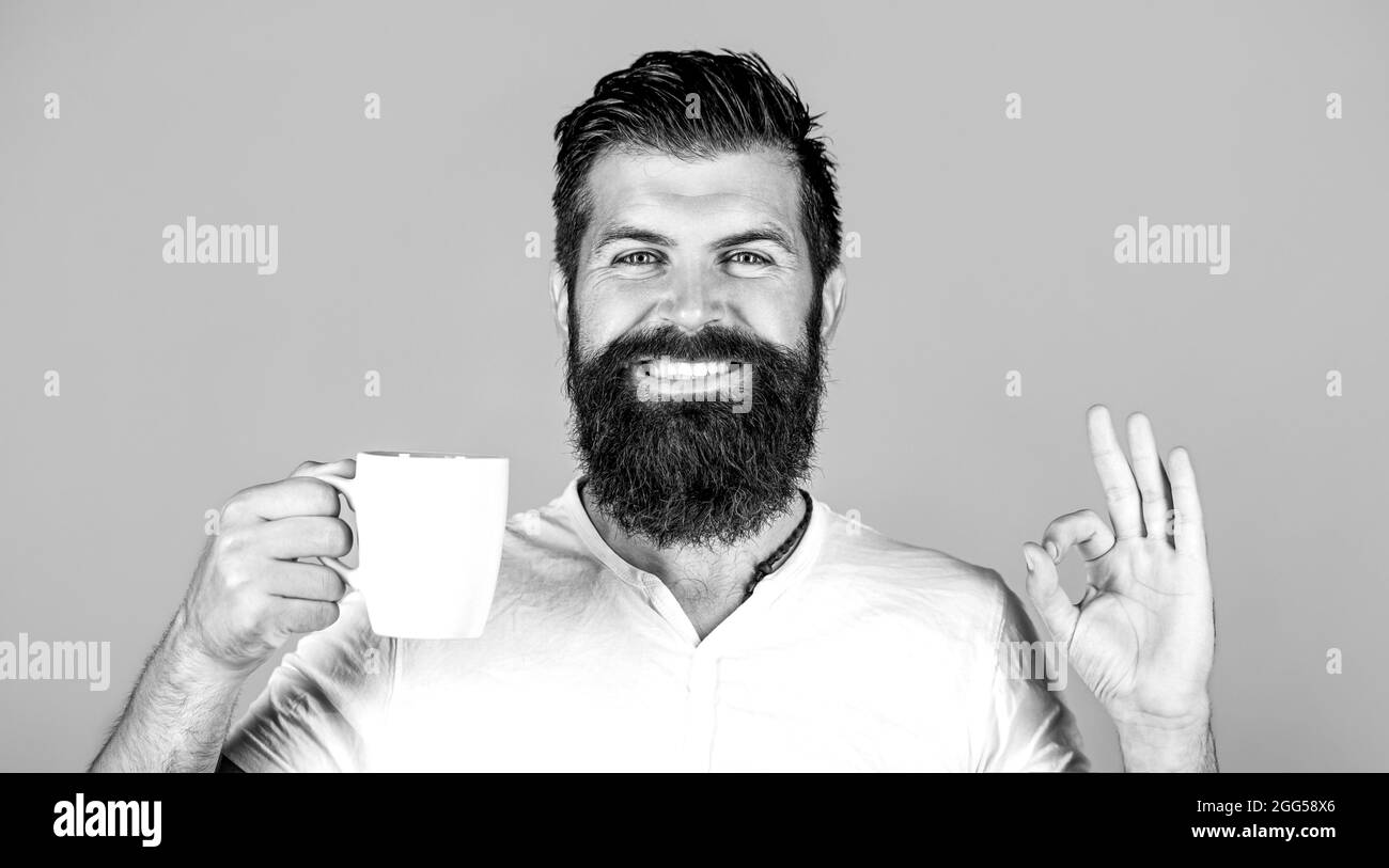 Bell'uomo tiene una tazza di caffè, tè. Uomo bearded sorridente mostrando segno ok. Buongiorno, tè dell'uomo, ok. Uomo hipster sorridente con una tazza di caffè fresco Foto Stock