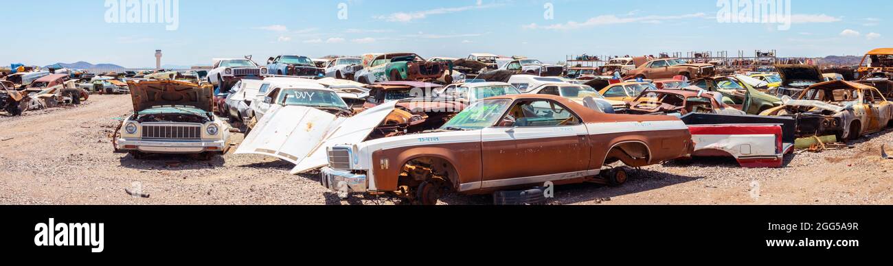 Panorama grandangolare di 1970s auto d'epoca americane in un junkyard deserto dell'Arizona, tra cui chevrolet El camino chevy Foto Stock