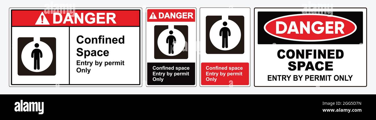 Pericolo: Ingresso in spazi ristretti solo per autorizzazione, segnale di sicurezza Vector. Segnale di sicurezza standard ANSI e OSHA. Eps10 Illustrazione Vettoriale