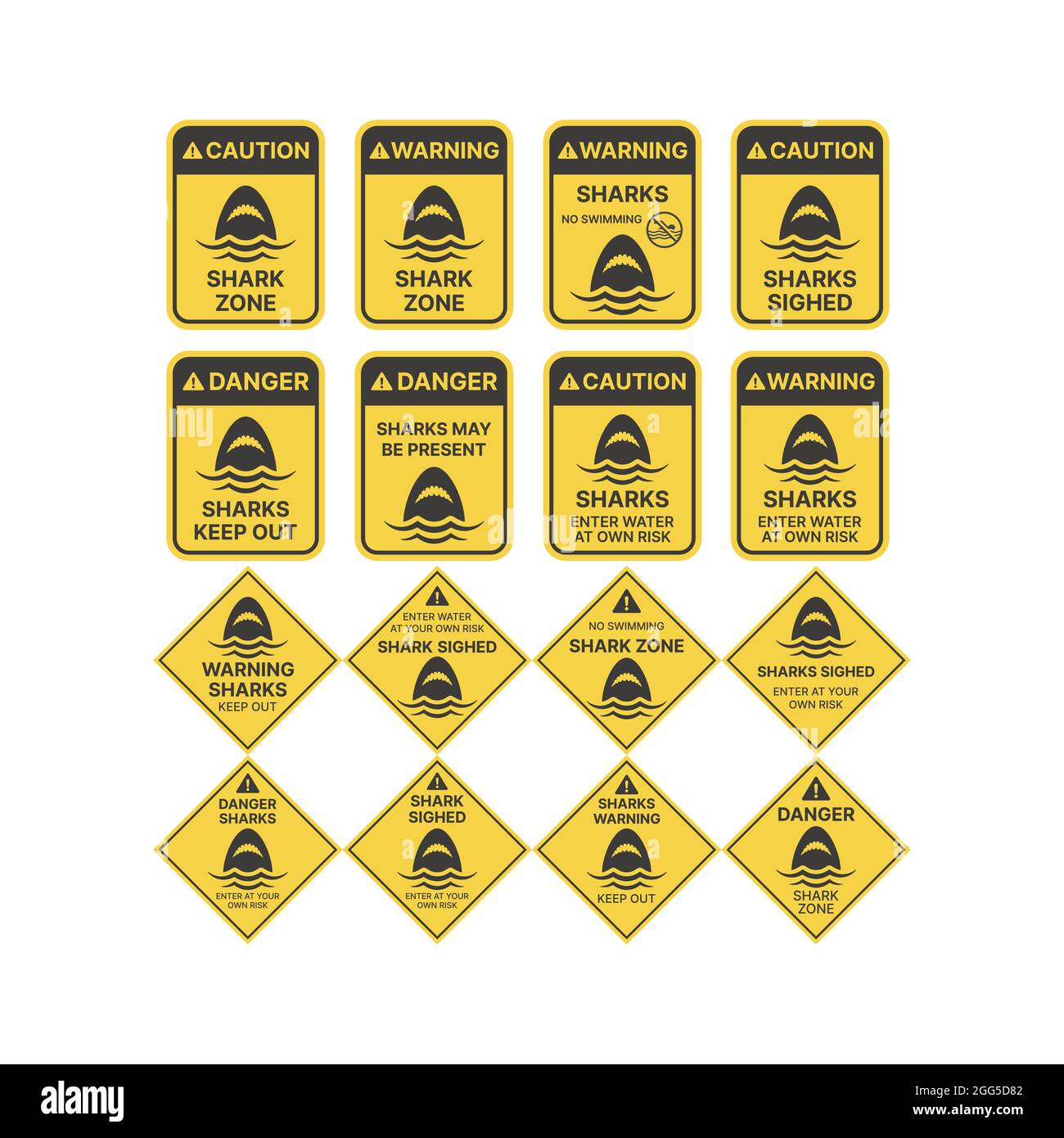 Simbolo di avvertimento dello squalo in giallo. Squali, pericolo, tenere fuori vettore. Illustrazione Vettoriale