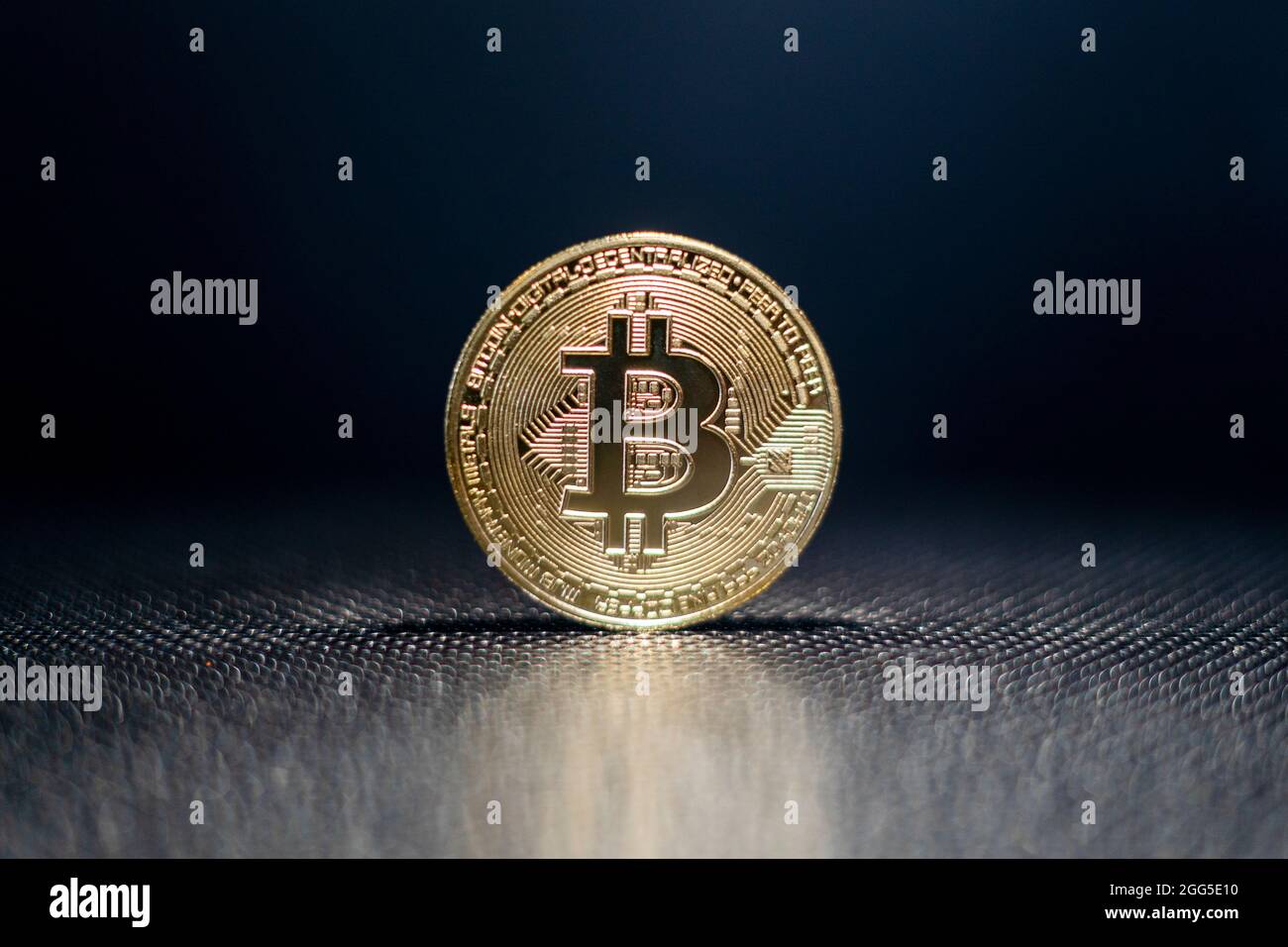 Bitcoin cripto valuta tenuta. Moneta d'oro con simbolo BTC. Tecnologia Blockchain. Bitcoin aumento di prezzo o crash. Investire in risorse virtuali. Foto Stock
