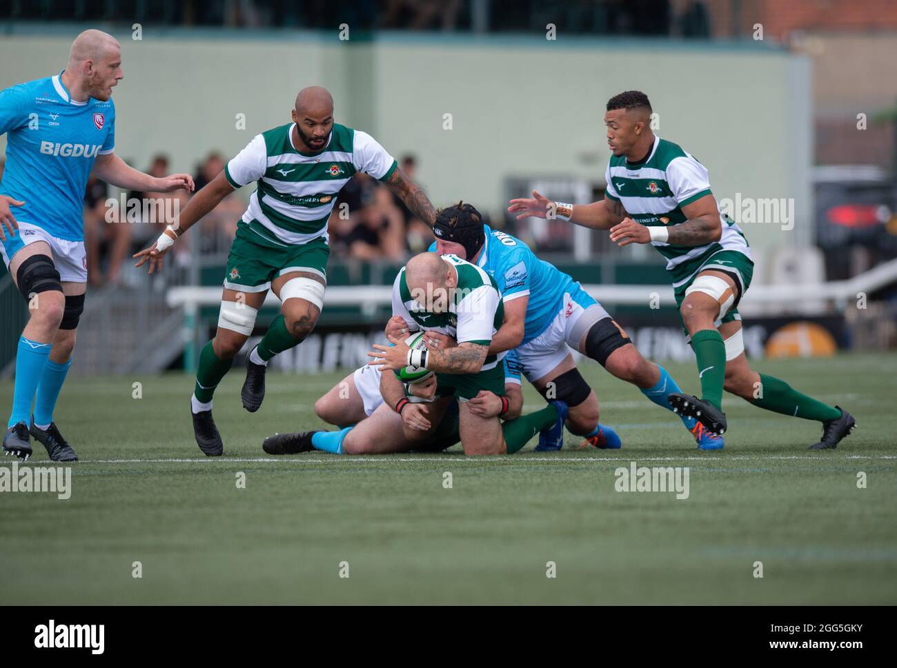 Azione durante la partita di pre-stagione 2021/22 tra Ealing Trailfinders e Gloucester Rugby a Castle Bar , West Ealing , Inghilterra, il 28 agosto 2021. Foto di Alan Stanford / prime Media Images Foto Stock