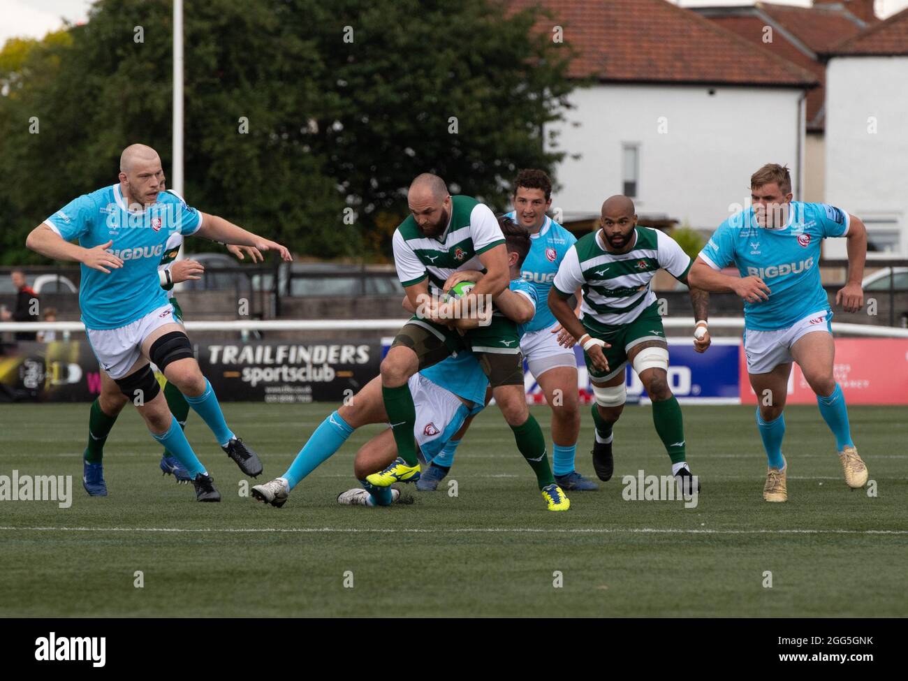 Azione durante la partita di pre-stagione 2021/22 tra Ealing Trailfinders e Gloucester Rugby a Castle Bar , West Ealing , Inghilterra, il 28 agosto 2021. Foto di Alan Stanford / prime Media Images Foto Stock