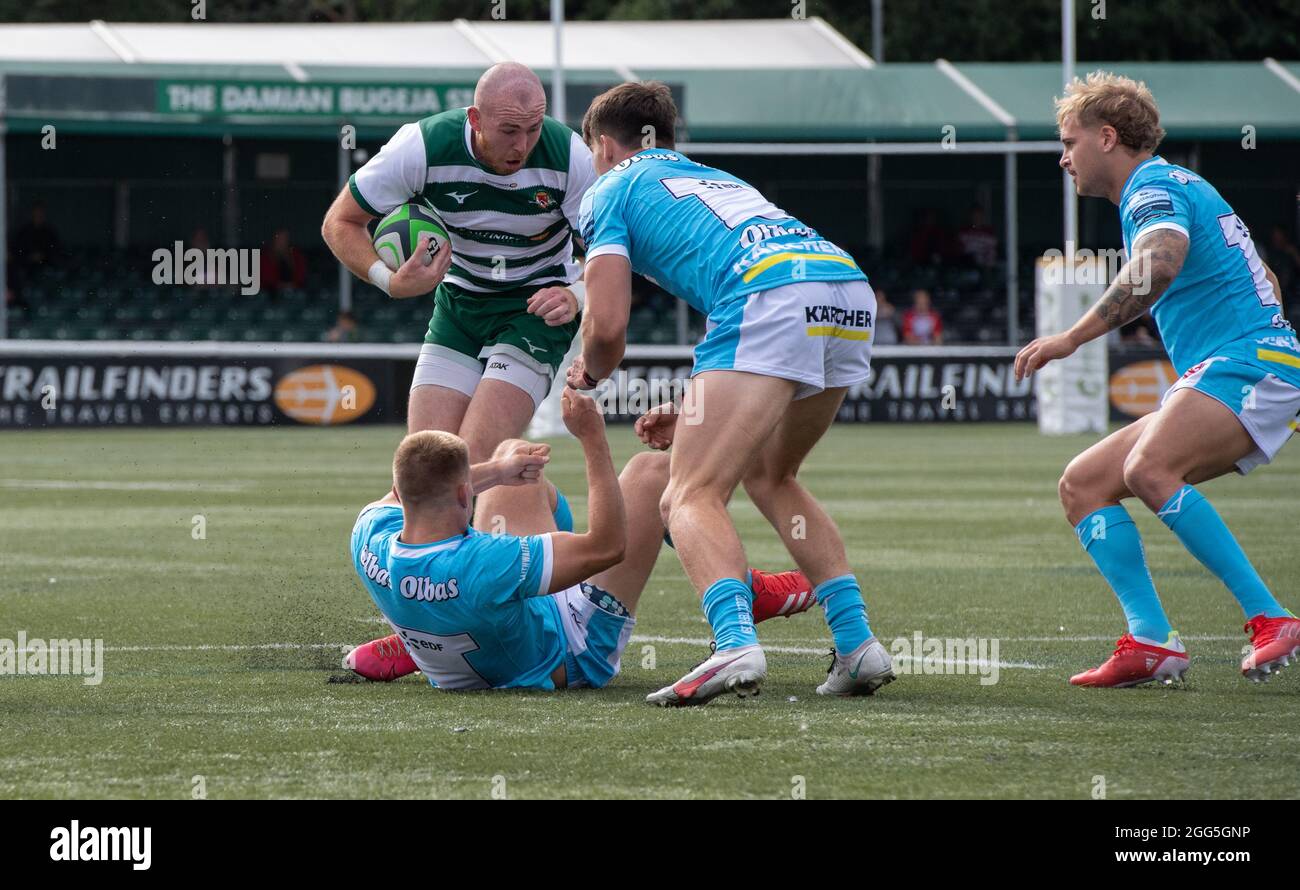 Max Bodilly of Ealing Trailfinders durante la partita di pre-stagione 2021/22 tra Ealing Trailfinders e Gloucester Rugby a Castle Bar , West Ealing , Inghilterra, il 28 agosto 2021. Foto di Alan Stanford / prime Media Images Foto Stock