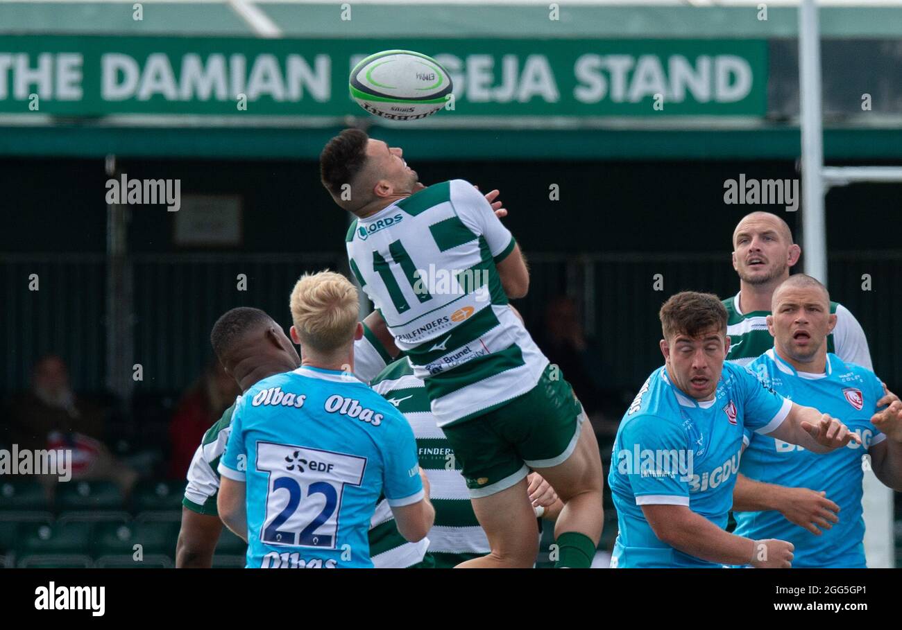 Cian Kelleher di Ealing Trailfinders durante la partita di pre-stagione 2021/22 tra Ealing Trailfinders e Gloucester Rugby a Castle Bar , West Ealing , Inghilterra il 28 agosto 2021. Foto di Alan Stanford / prime Media Images Foto Stock