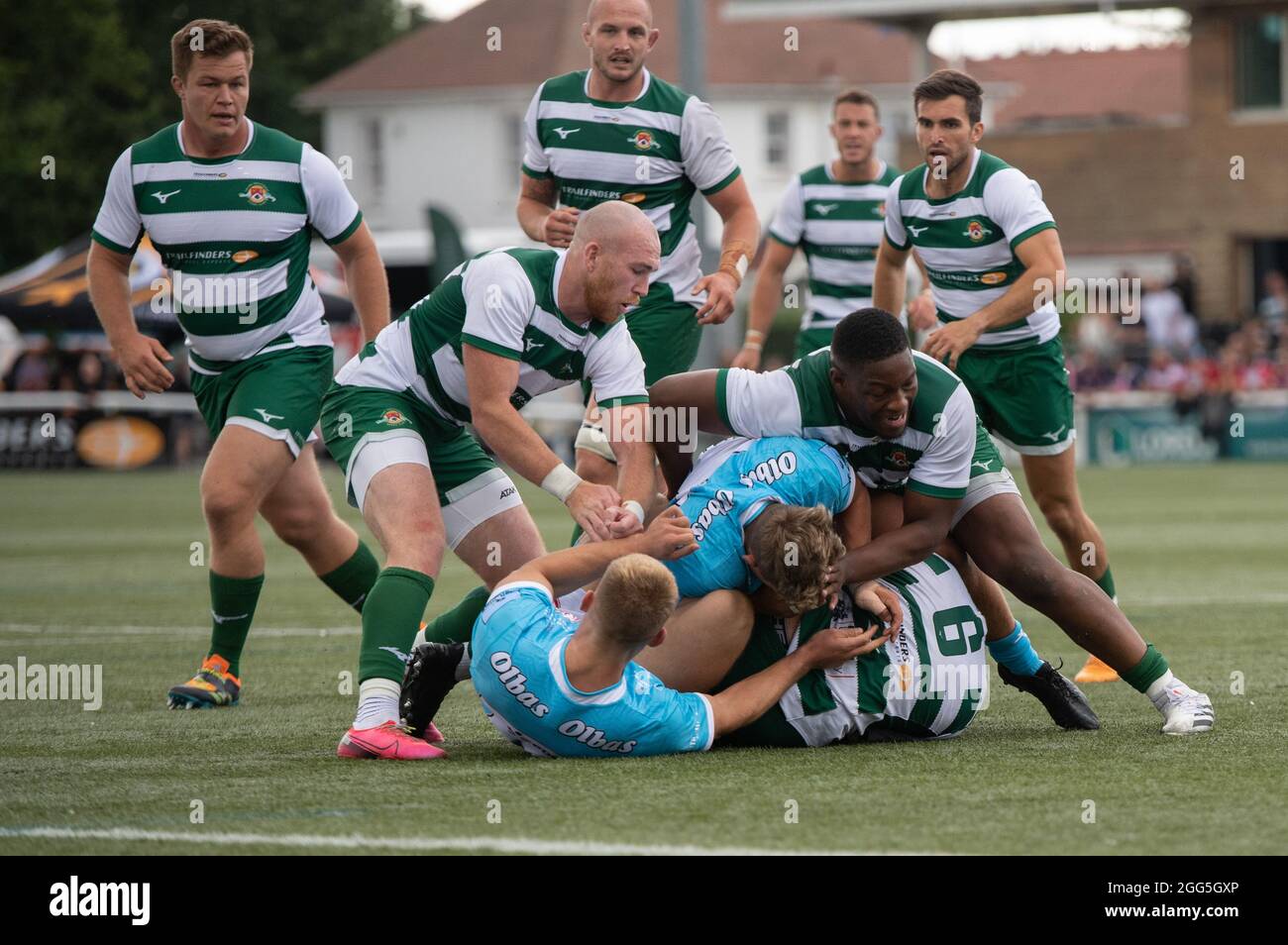 Partite in azione durante la partita pre-stagione 2021/22 tra Ealing Trailfinders e Gloucester Rugby al Castle Bar, West Ealing, Inghilterra, il 28 agosto 2021. Foto di Alan Stanford/prime Media Images Credit: Prime Media Images/Alamy Live News Foto Stock