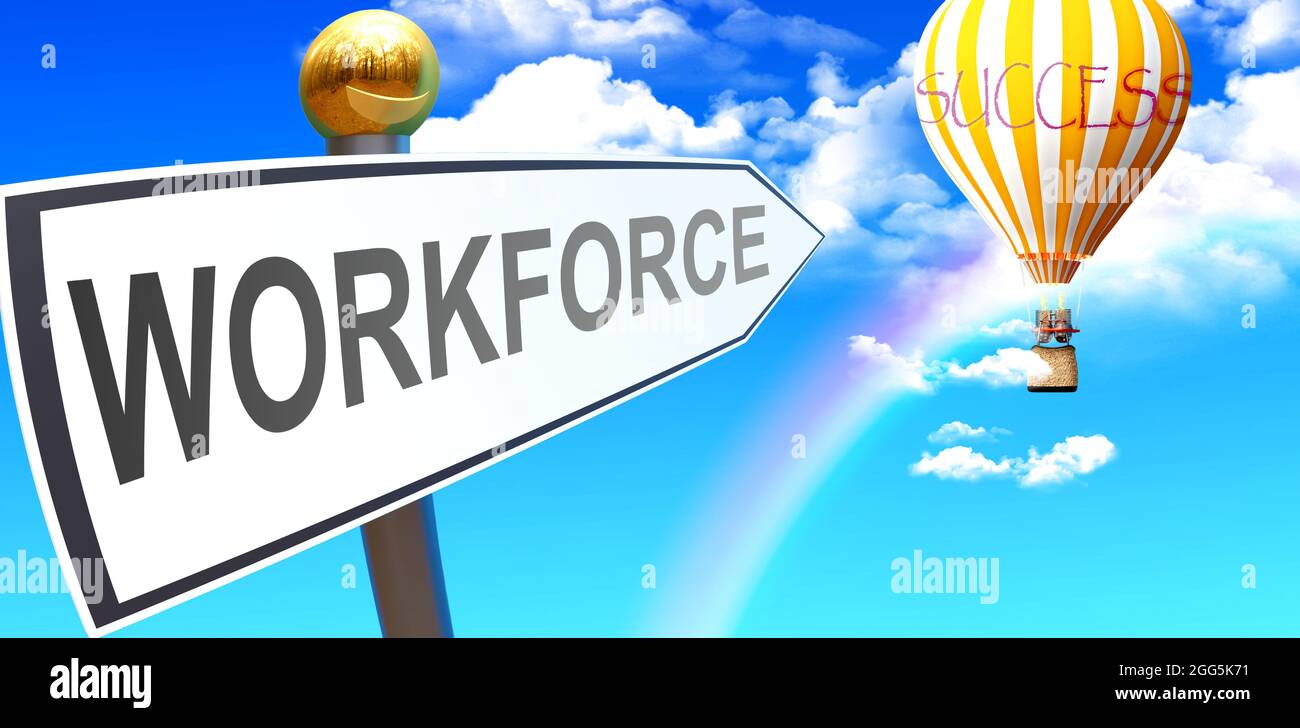 La forza lavoro porta al successo - indicata come un segno con una frase forza lavoro che punta a palloncino nel cielo con le nuvole per simboleggiare il significato della forza lavoro, Foto Stock
