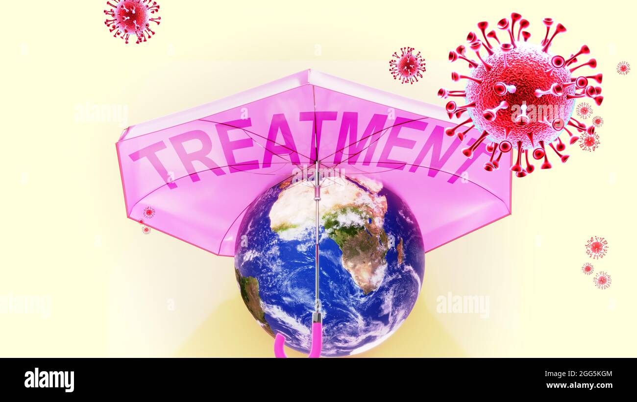 Trattamento Covid - il virus corona che attacca la Terra che è protetta da un ombrello con il trattamento della parola inglese come simbolo di una lotta umana con coronavi Foto Stock