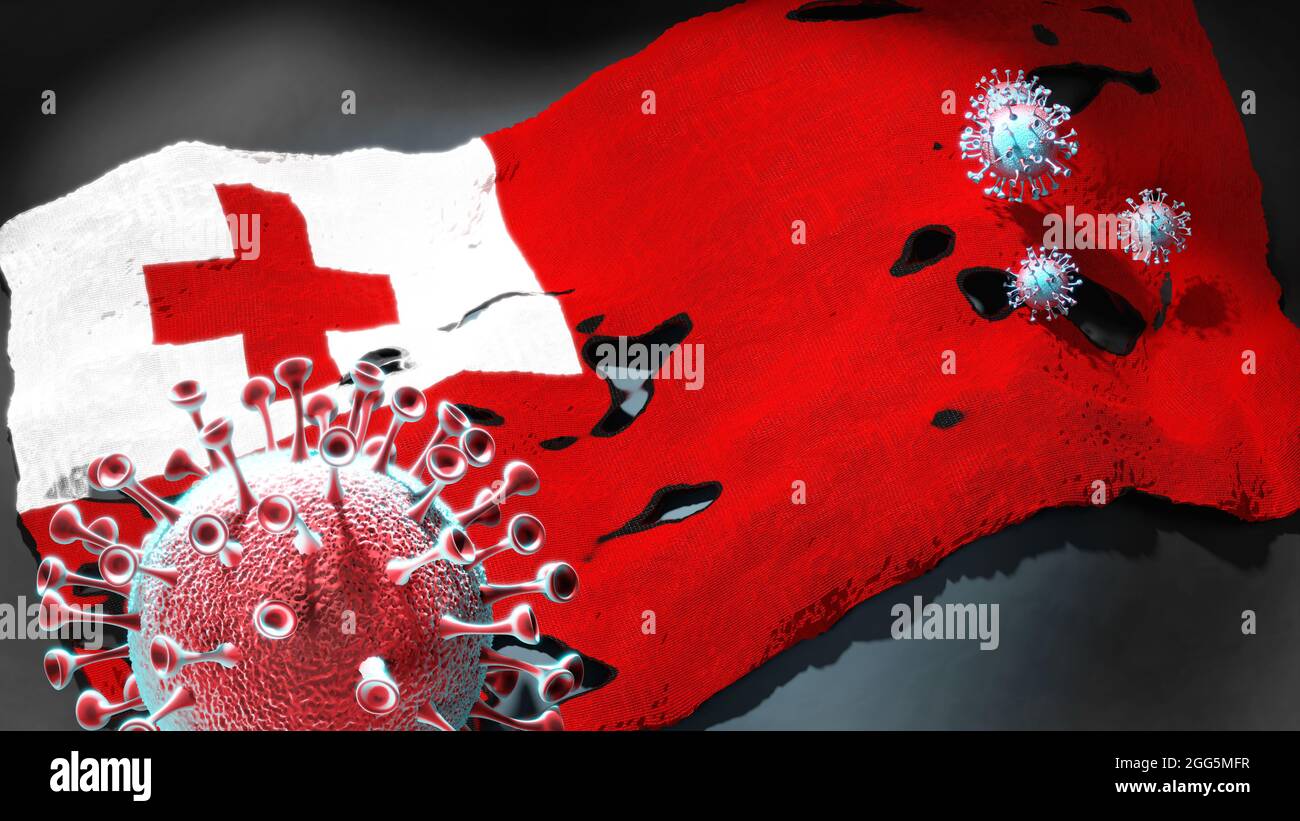 Covid in Tonga - coronavirus che attacca una bandiera nazionale di Tonga come simbolo di una lotta e lotta contro la pandemia del virus in questo paese, 3d illust Foto Stock