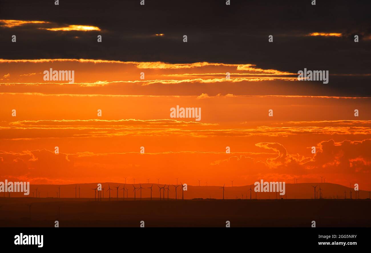 Turbine eoliche al tramonto con un cielo drammatico, Landscape in Germania, regione Reno-Neckar vicino Mannheim. Foto Stock