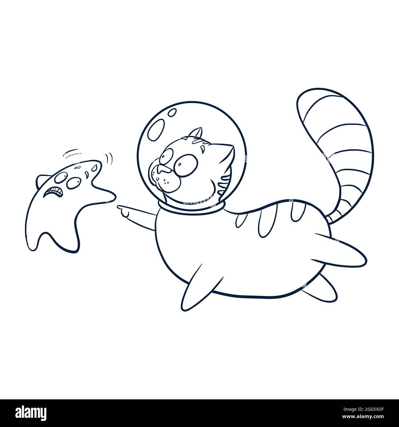 Cat Cosmonaut e Star Illustration. Line Art astronauta animale toccare stellare schizzo per logo, libro da colorare e arredamento vivaio, tee grafiche bambini, stampe e adesivi Illustrazione Vettoriale