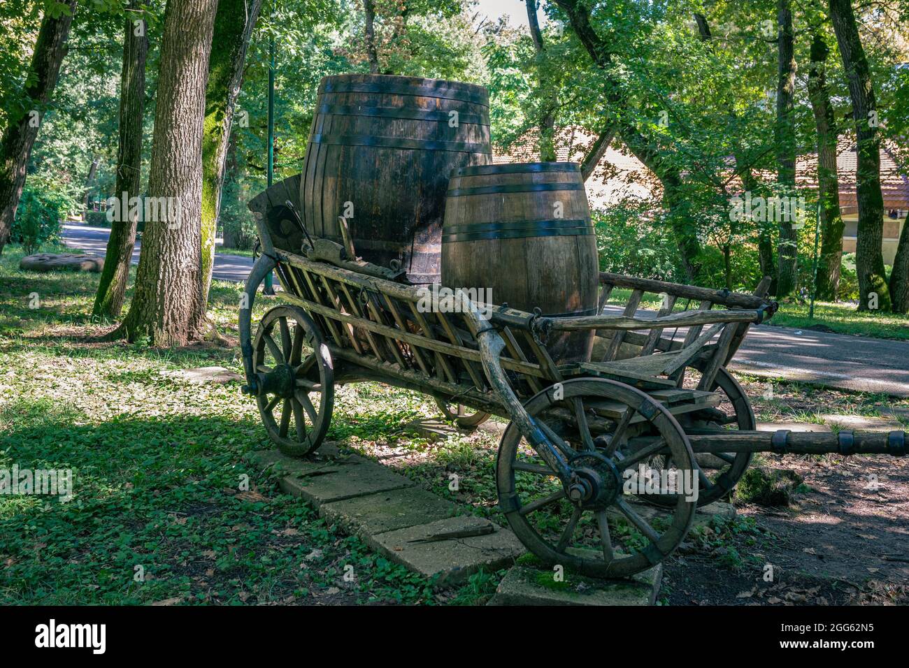 Vista panoramica di con botti di vino su un carrello di legno Foto Stock