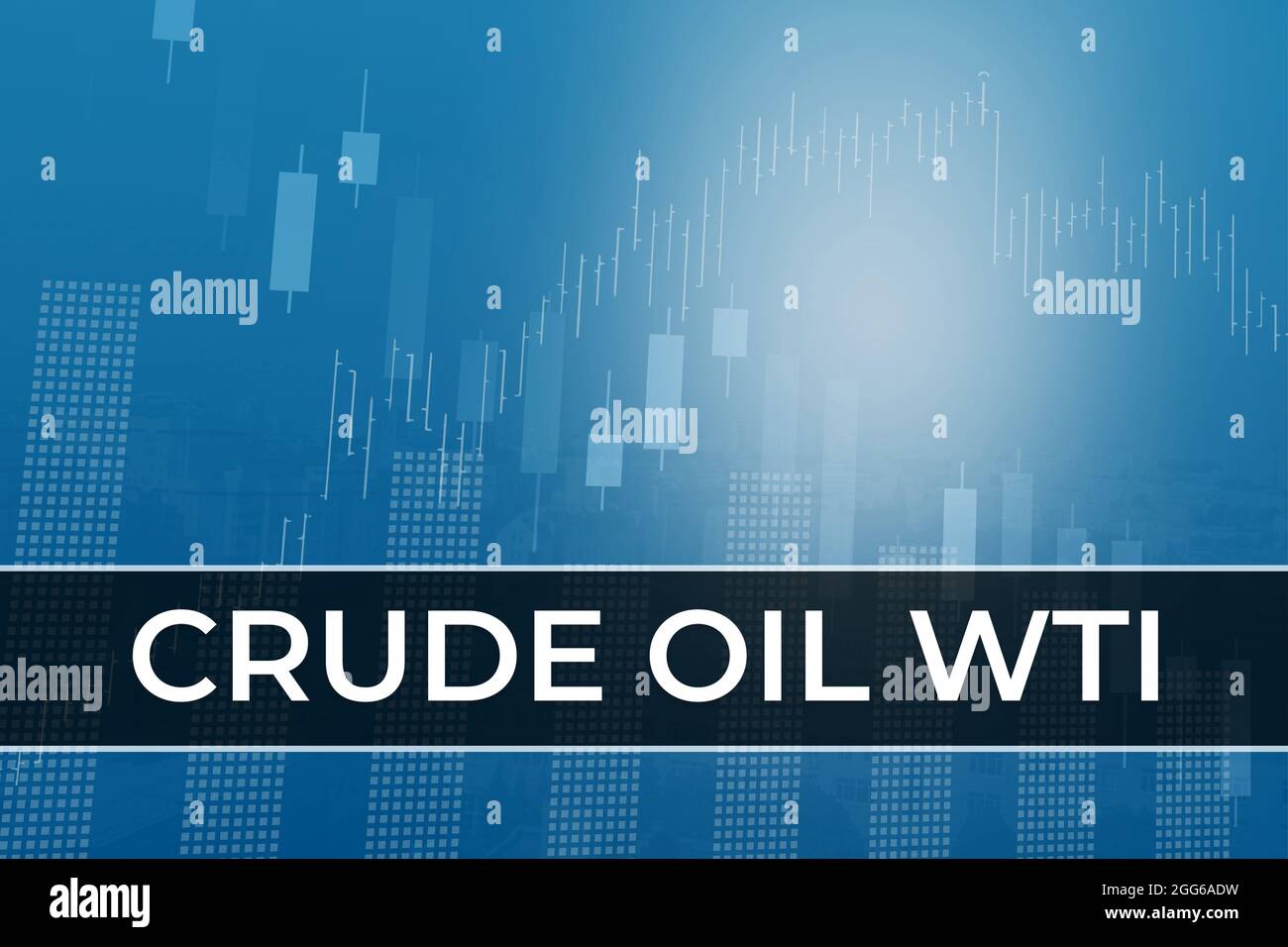 Variazione dei prezzi sul futuro del petrolio greggio WTI nel mondo su sfondo finanziario blu da colonne, grafici, grafici, pilastri, candele, bar. Trend su e giù, F Foto Stock