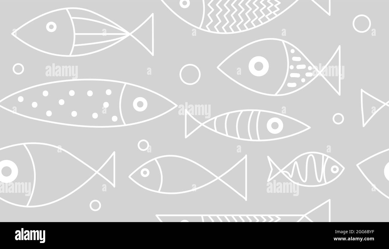 Cartoon motivo senza cuciture con pesce disegnato a mano per stampa, carta da parati, tessuti o tessuti. Fondo di Doodle con animali di mare. Striscione con frutti di mare. VECTO Illustrazione Vettoriale