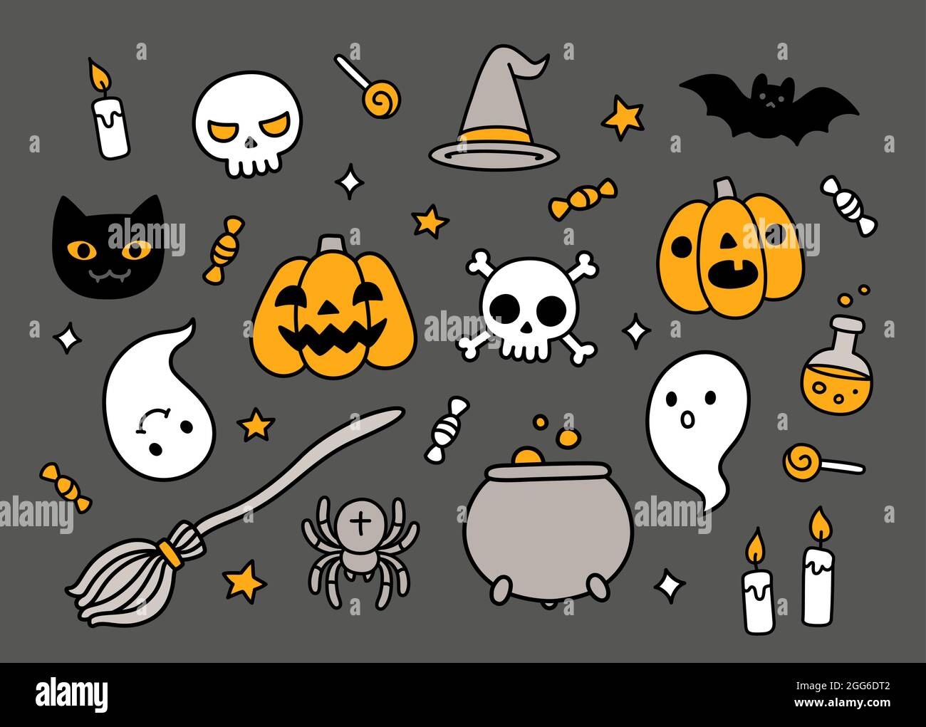 Halloween set di doodles disegnati a mano. Oggetti carini cartoni animati: Zucche, fantasmi, ossa e dolci. Illustrazioni di clip art vettoriali. Illustrazione Vettoriale