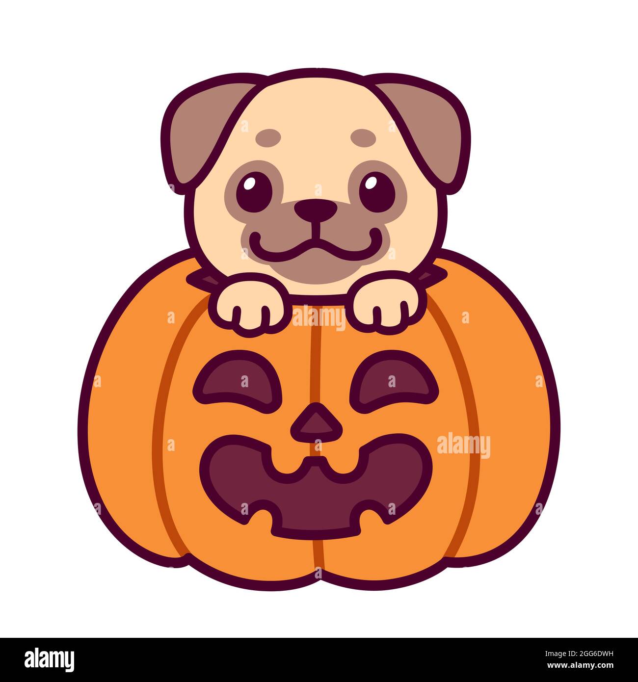 Trick o delizia. Carino fumetto Pug in zucca di Halloween. Disegno del cane di Kawaii, illustrazione vettoriale divertente. Illustrazione Vettoriale
