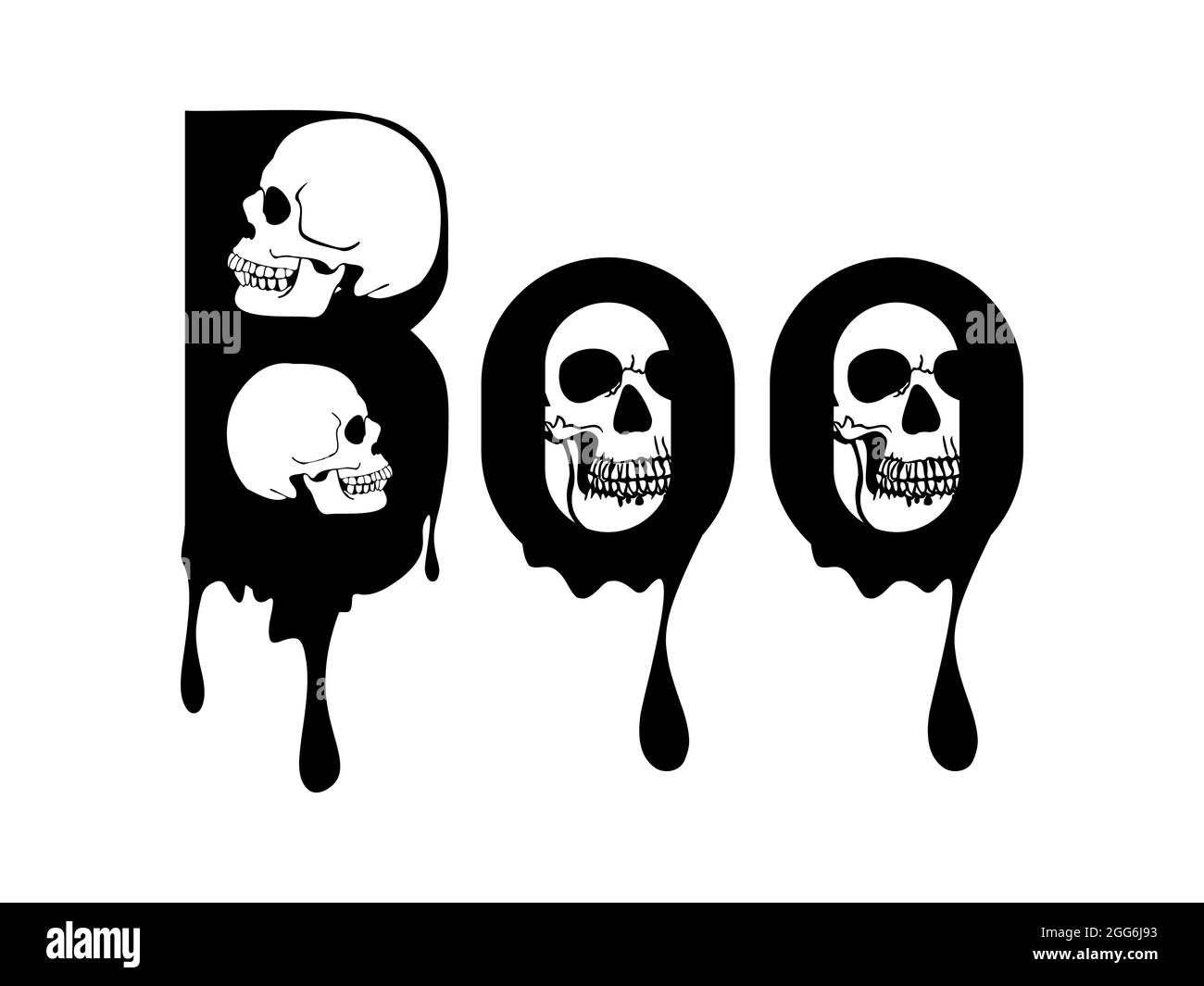 Boo design con cranio. Halloween saluto con cranio. Buono per la decorazione del biglietto d'auguri, il manifesto e il disegno del regalo. Illustrazione Vettoriale