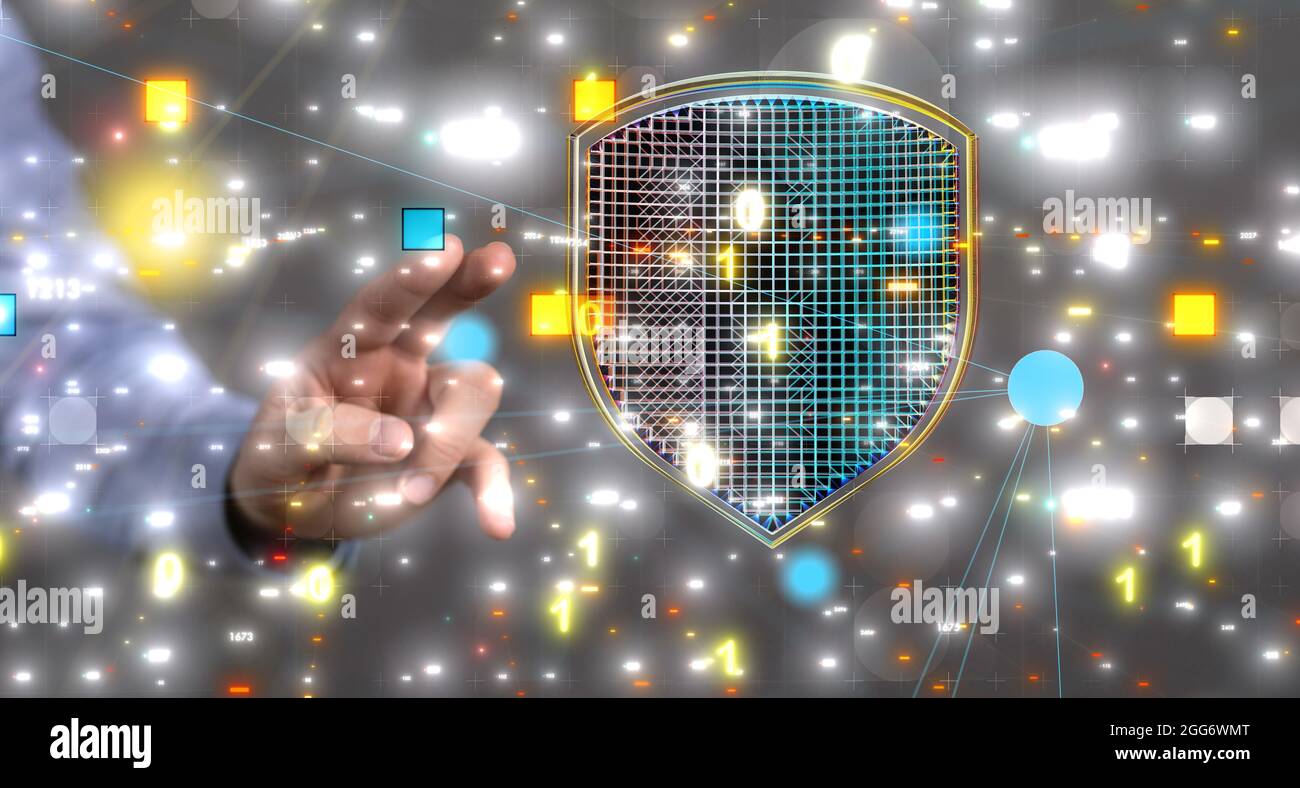 Il cyber-scudo a contatto con le mani - il concetto di sicurezza dei dati Foto Stock