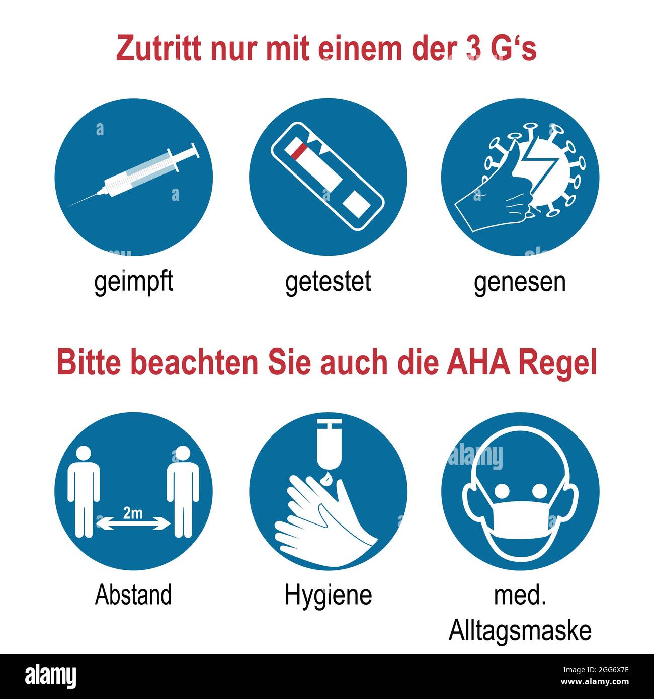 Firma con i 3 G e la regola AHA. Testo vettoriale tedesco (accesso solo con uno dei 3 G, vaccinato, testato, recuperato), (si prega di notare anche l'AHA Illustrazione Vettoriale