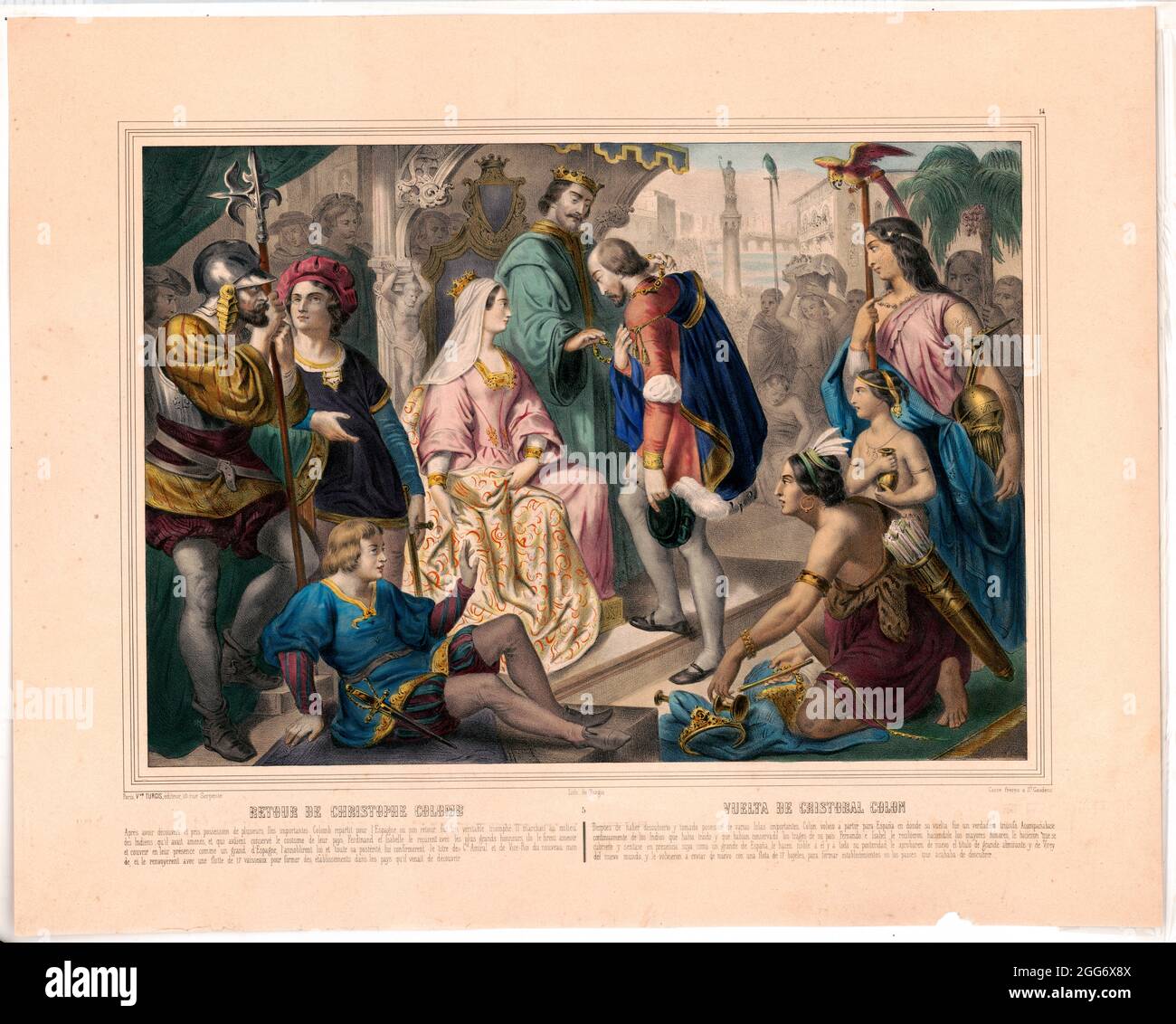 Cristoforo Colombo è stato accolto dal re Ferdinando e dalla regina Isabella al suo ritorno in Spagna. Foto 4 in una serie di 4 restaurati digitalmente titolo: Retour de Christophe Colomb / lith. De Turgis. Data di creazione/pubblicazione: Parigi : Vve. Turgis, éditeur, [tra il 1850 e il 1900] Media: 1 stampa : litografia, colore. Titolo anche in spagnolo. Argomenti: Columbus, Cristoforo--Viaggi. Isabella--i,--Regina di Spagna,--1451-1504. Ferdinando--V,--Re di Spagna,--1452-1516. Queens--Spain--1450-1500. Re--Spagna--1450-1500. Foto Stock