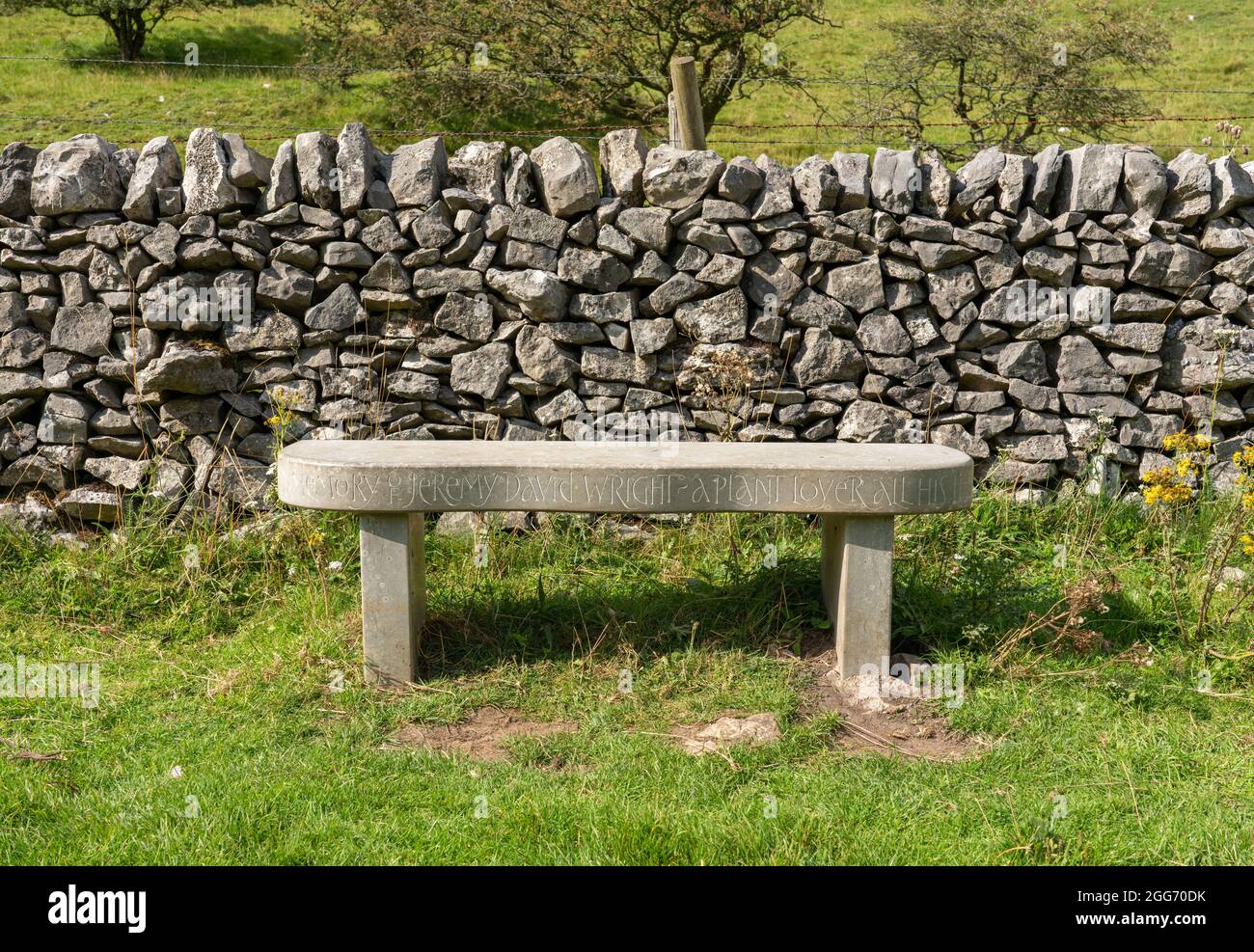 Banco commemorativo in marmo crinoidale solido ricco di fossili e commemorazione di David Wright un amante delle piante in Deep Dale nel Derbyshire Peak District UK Foto Stock