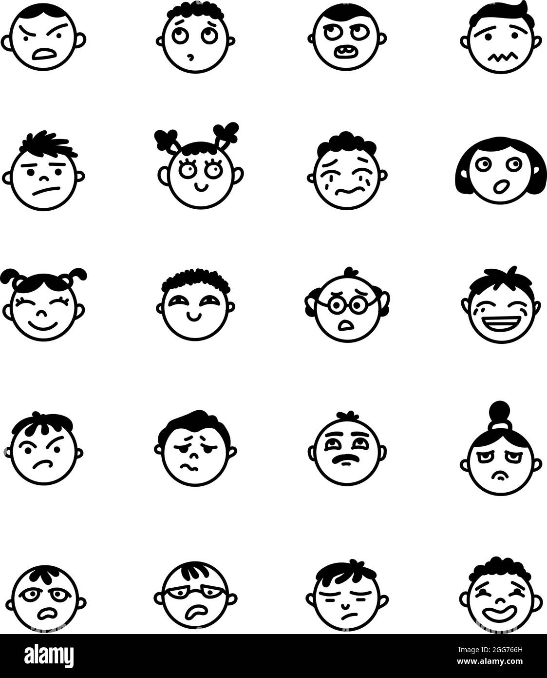 Diverse espressioni facciali sulle persone, illustrazione di icone, vettore su sfondo bianco Illustrazione Vettoriale