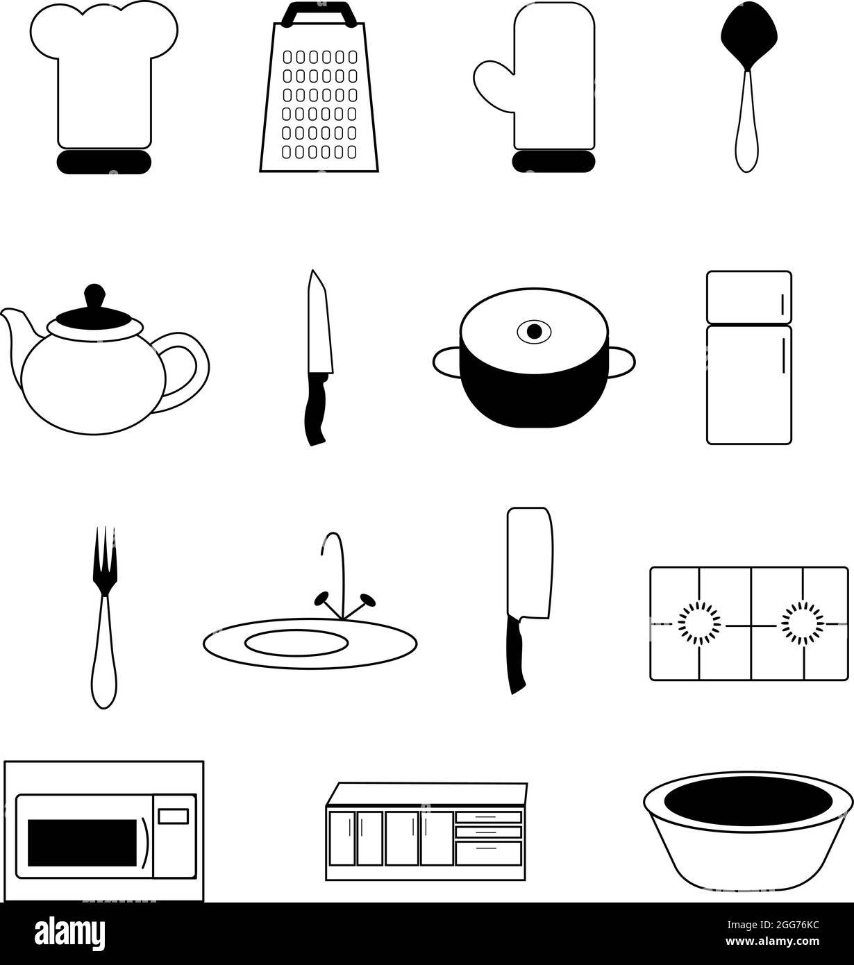 Forniture di base per la cucina, illustrazione di icone, vettore su sfondo bianco Illustrazione Vettoriale