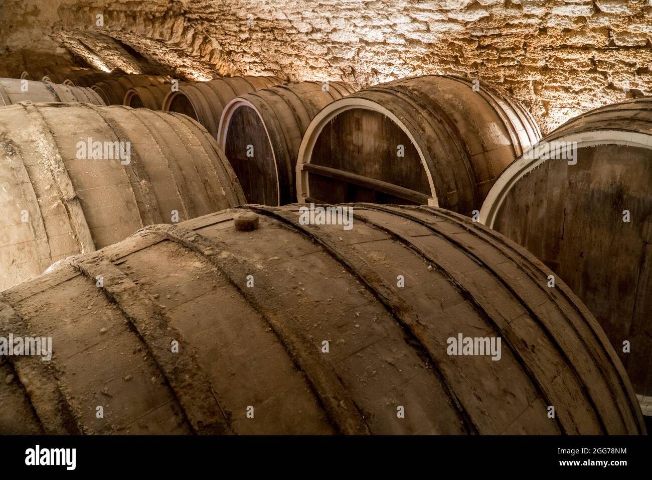 Vecchie botti di vino in una cantina. Concetto di produzione del vino Foto Stock