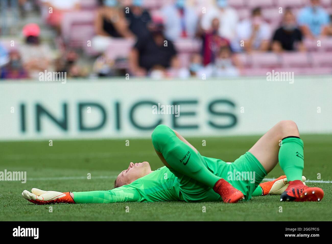 Barcellona, Spagna. . 29 agosto 2021. Marc Andre ter Stegen del FC Barcelona ha ferito durante la partita Liga tra il FC Barcelona e Getafe CF a Camp Nou a Barcellona, in Spagna. Credit: DAX Images/Alamy Live News Foto Stock