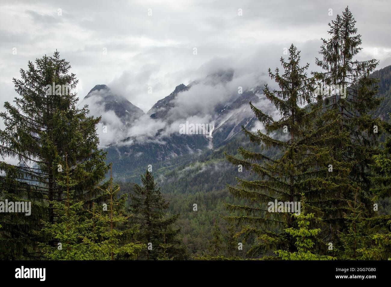 Il cielo nuvoloso sulle alte montagne con foreste di conifere, prati e cime Foto Stock