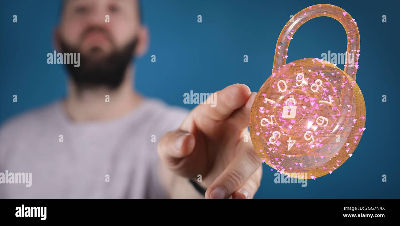 Una persona che raggiunge un blocco rappresentato 3D - concetto di sicurezza informatica Foto Stock