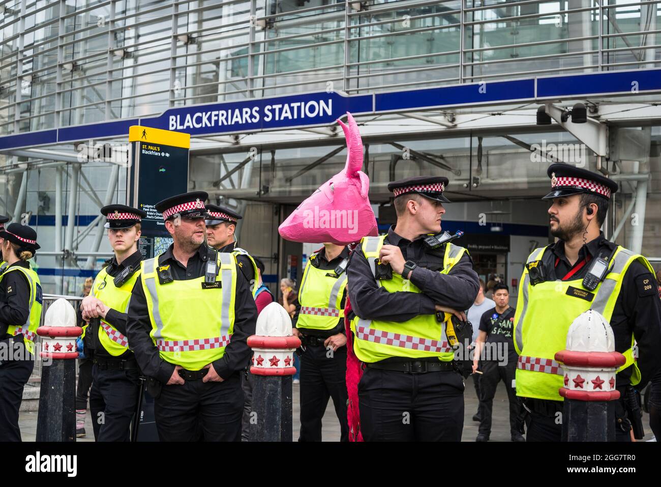 Linea di ufficiali di polizia alla marcia nazionale per i diritti degli animali, organizzata dalla ribellione animale e dalla ribellione di estinzione e un protestore con la mucca rosa papier-mâché, Londra, Inghilterra, Regno Unito. Agosto 28 2021 Foto Stock