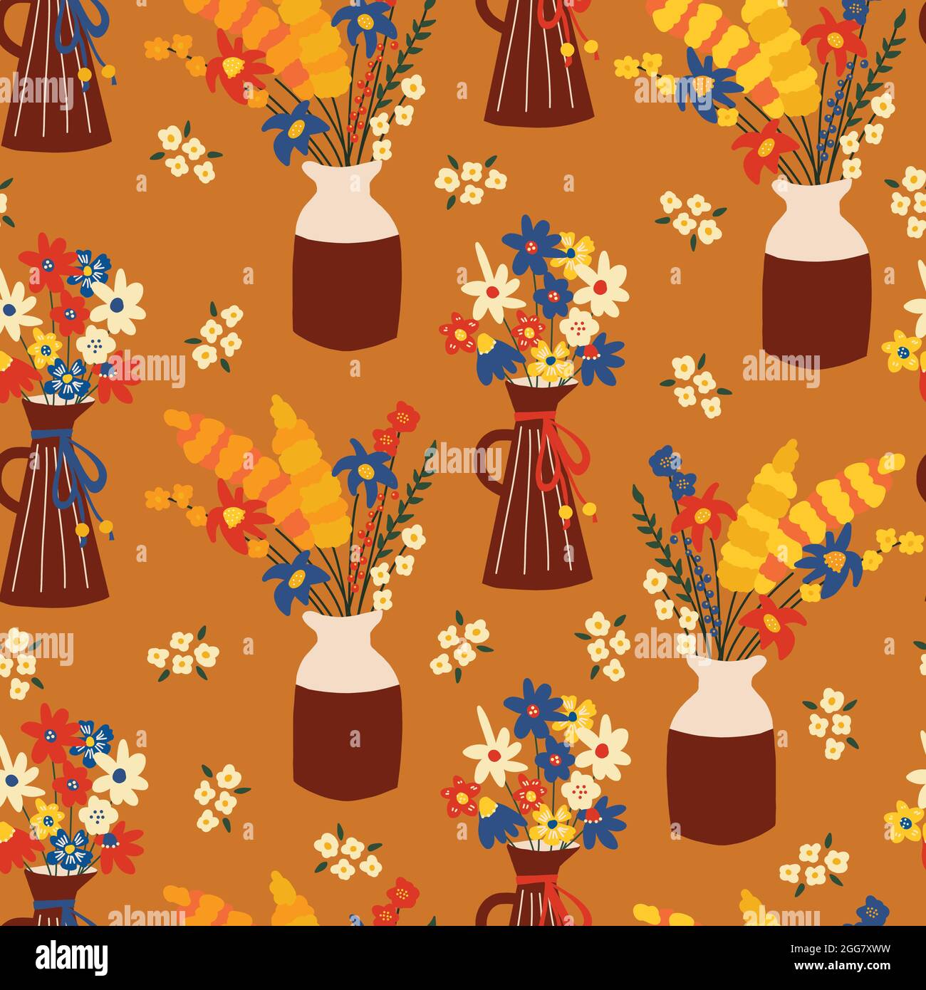 Autunno Fiori senza giunture sfondo vettoriale. Modello ripetitivo con vasi colorati di fiori autunnali. Uso per decorazione autunnale, Ringraziamento, tessuto, avvolgimento Illustrazione Vettoriale