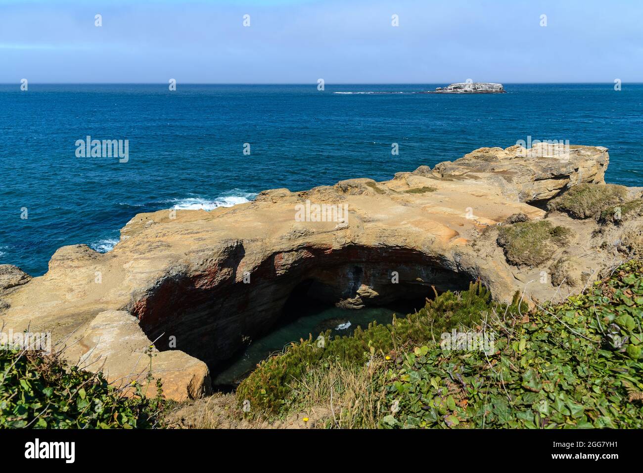 Ondeggia la formazione di roccia intagliata presso l'area naturale statale Devils Punchbowl sulla costa dell'Oregon centrale, USA. Foto Stock