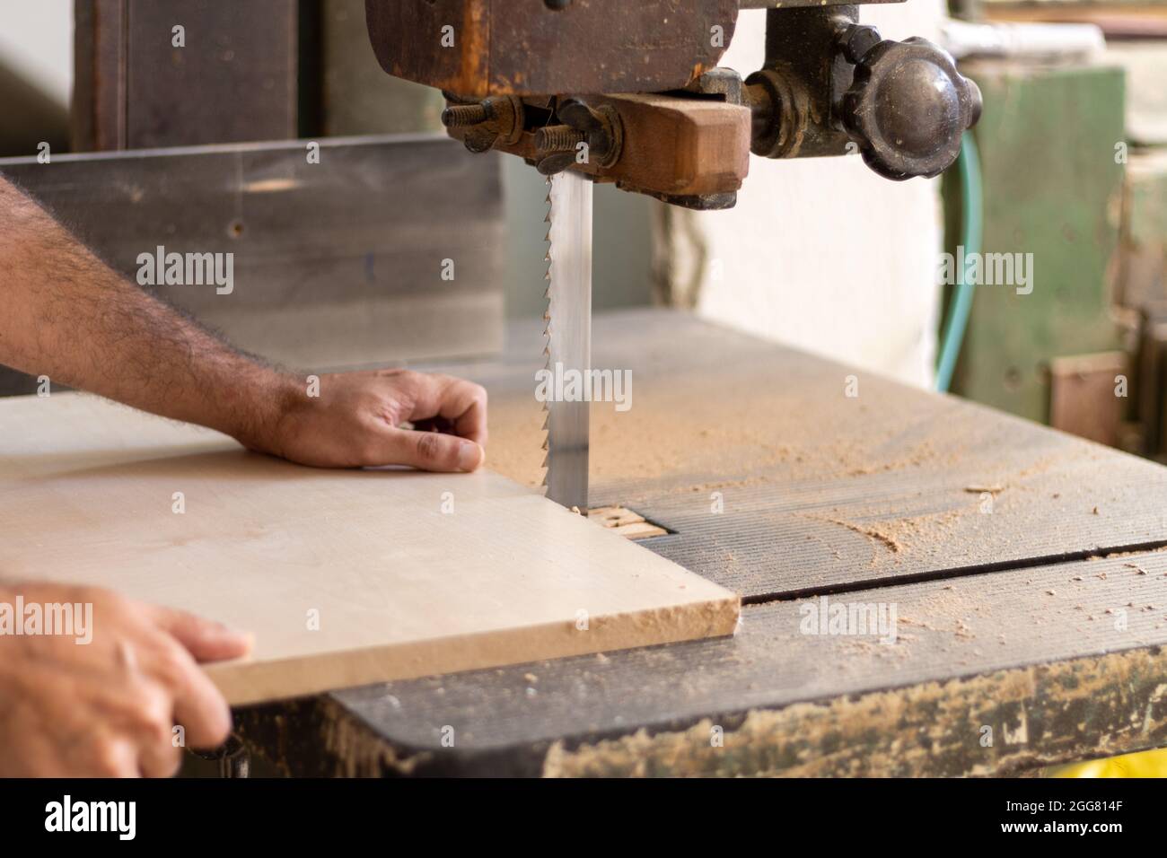 Il falegname sta tagliando il legno con una macchina elettrica industriale per il taglio del legno per la produzione di mobili in officina Foto Stock