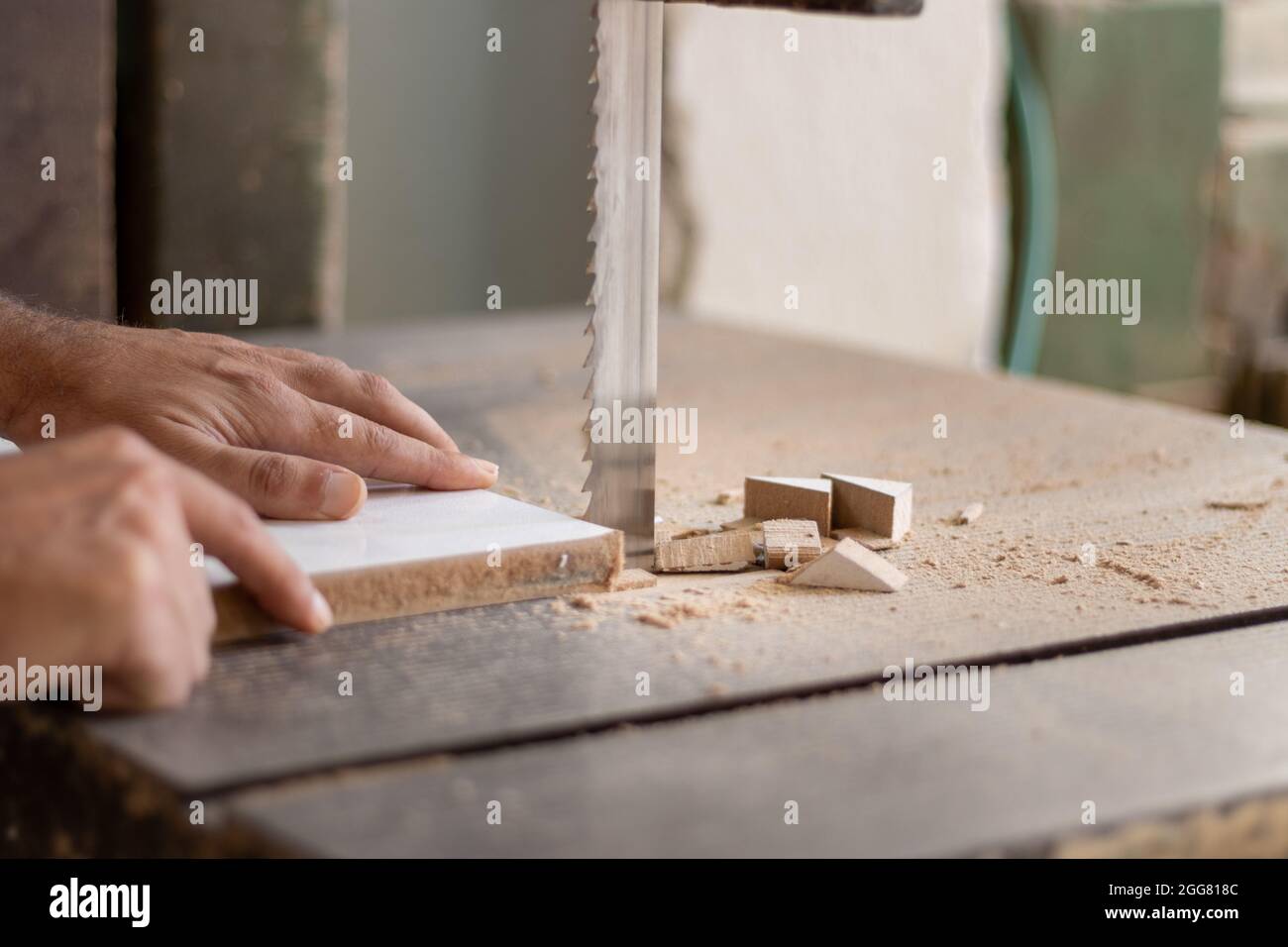 Il falegname sta tagliando il legno con una macchina elettrica industriale per il taglio del legno per la produzione di mobili in officina Foto Stock