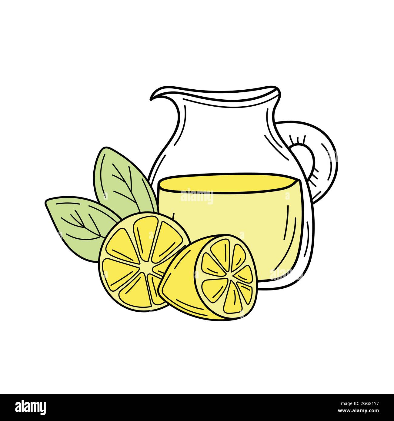 Limoni gialli e limonata in caraffa di vetro. Drink estivo fresco. Immagine disegnata a mano isolata su sfondo bianco. Disintossicazione e vita sana. Illustrazione Vettoriale