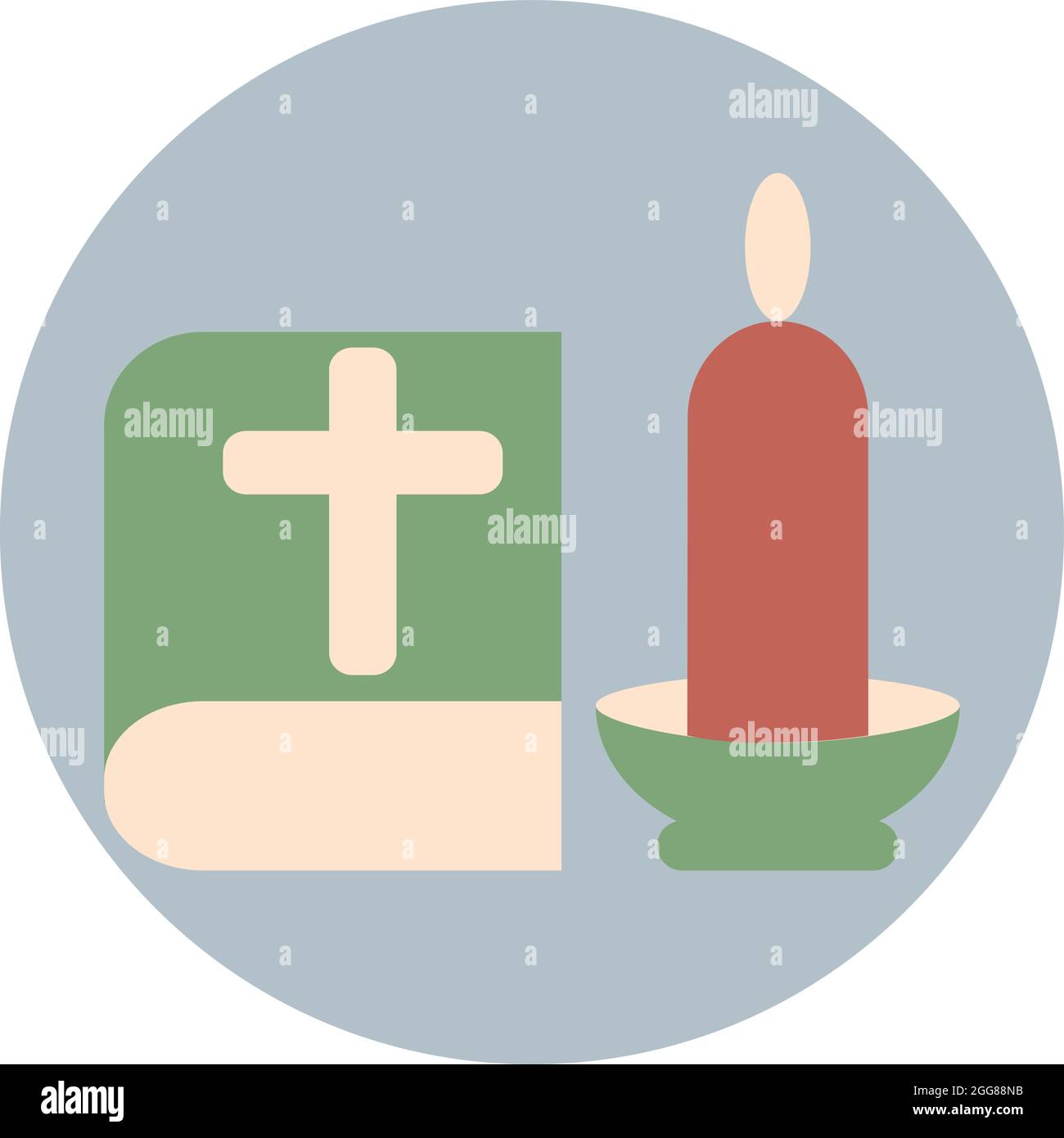 Sacra bibbia con candela rossa, illustrazione, vettore su sfondo bianco. Illustrazione Vettoriale