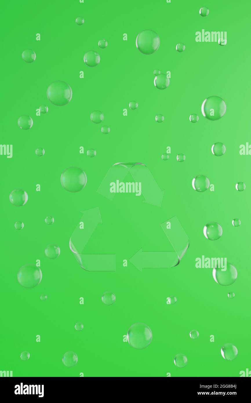 Cartello Riduci, Riusa, Recycle su sfondo verde con palline di vetro. illustrazione eco del rendering 3d. Foto Stock
