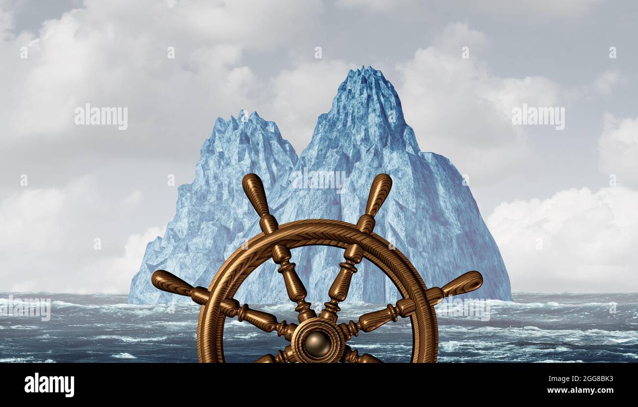 Affrontare un concetto di iceberg che guida una nave di fronte a ostacoli impegnativi e pericolosi. Foto Stock