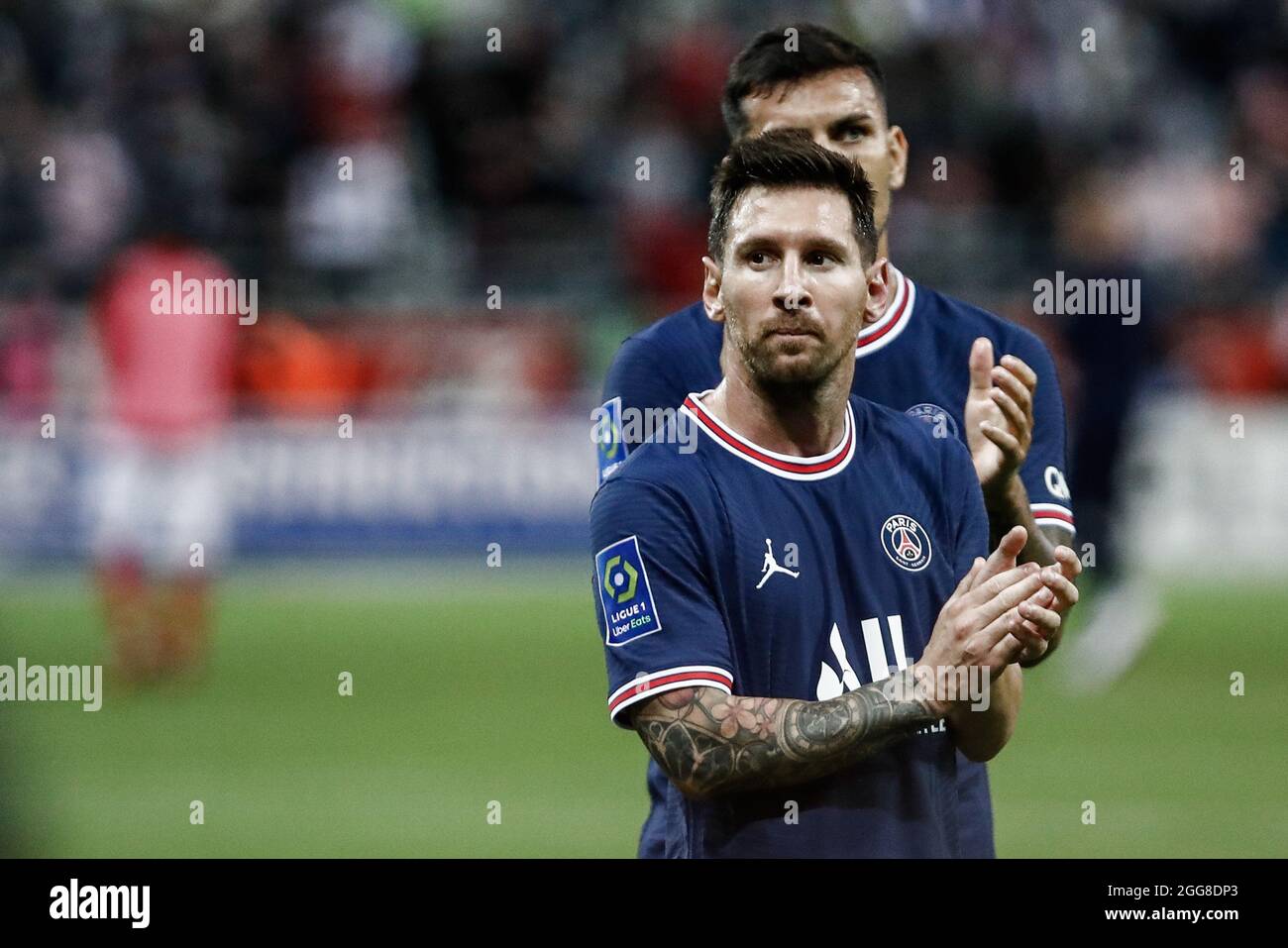 Reims, Francia. 29 agosto 2021. Lionel messi di Parigi Saint-Germain reagisce dopo la partita di calcio francese Ligue 1 tra Parigi Saint-Germain e lo Stade de Reims a Reims, Francia, il 29 agosto 2021. Credit: Aurelien Morissard/Xinhua/Alamy Live News Foto Stock