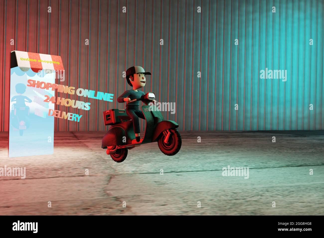 illustrazione 3d. Concetto di shopping in linea, su Web site o applicazione del telefono mobile, vendita digitale. Online logistico 24 ore di pagamento e consegna Foto Stock